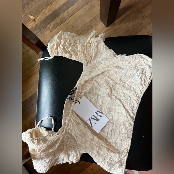 Zara Cotton Blend Gauzy Textured Square Neck Puff Sleeves Crop Top Cream L - Picture 17 of 17